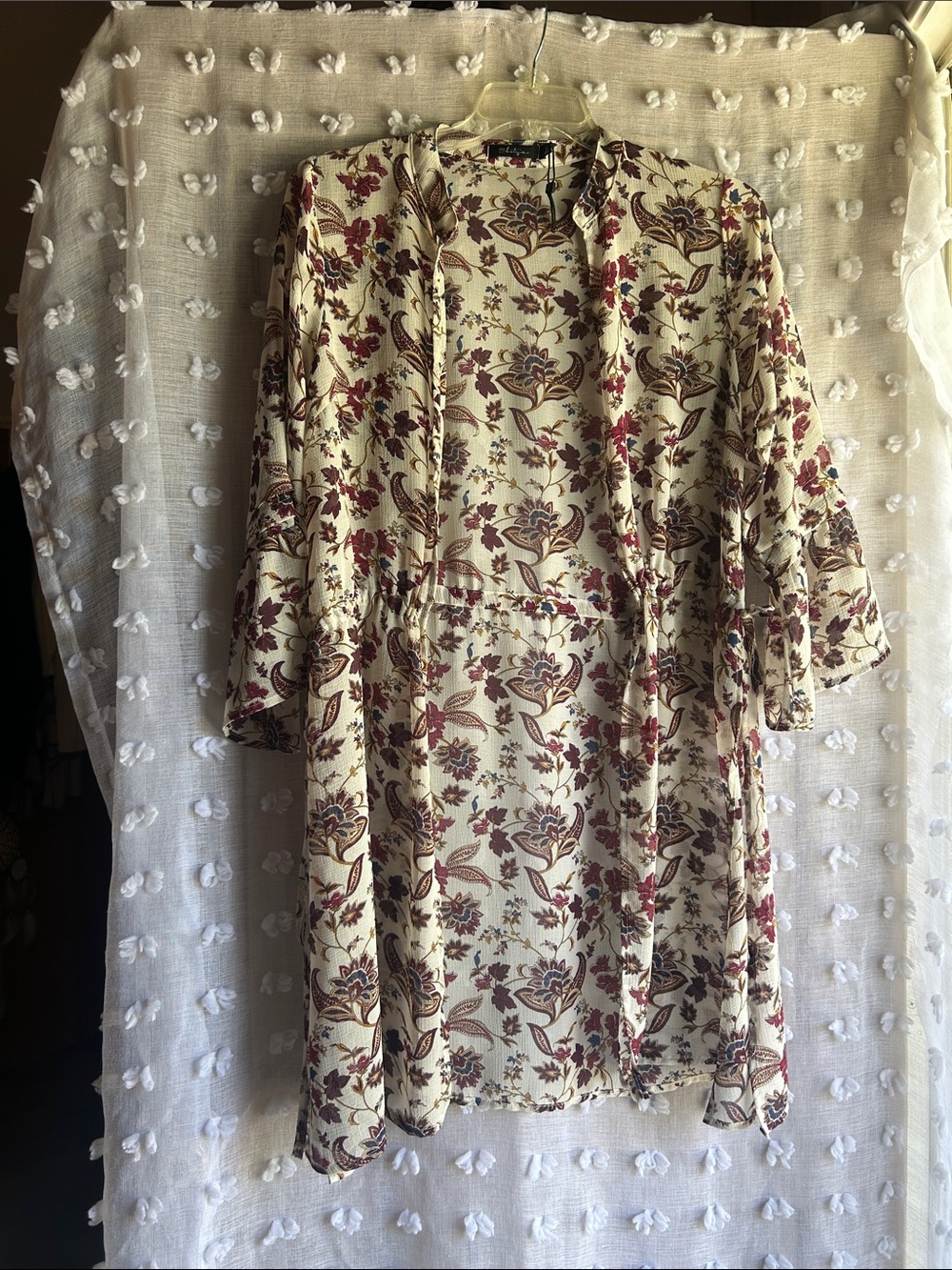 BKE Cream Midi cover up with Burgundy Floral Motif
